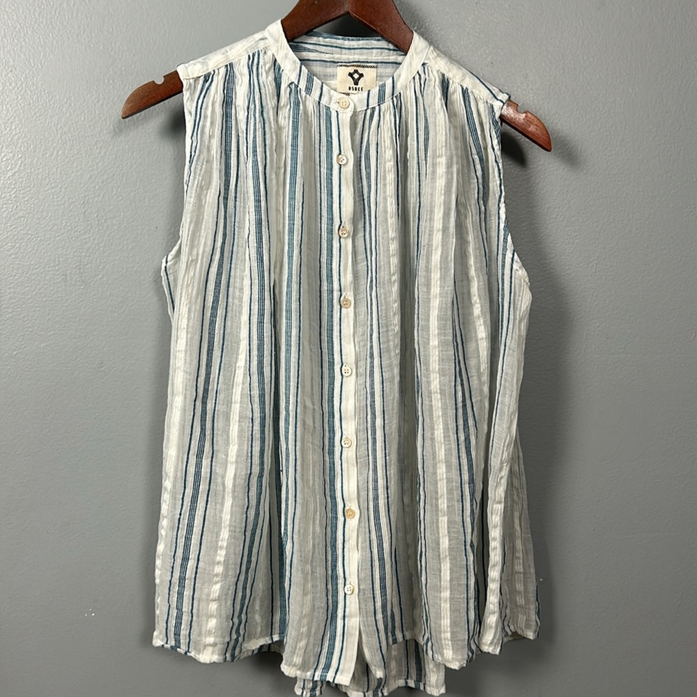 Bsbee khadi cotton button-down sleeveless shirt in striped loose body shirt S - Picture 2 of 13